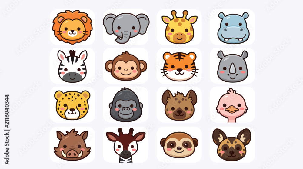 Fototapeta premium Cute safari animal faces collection
