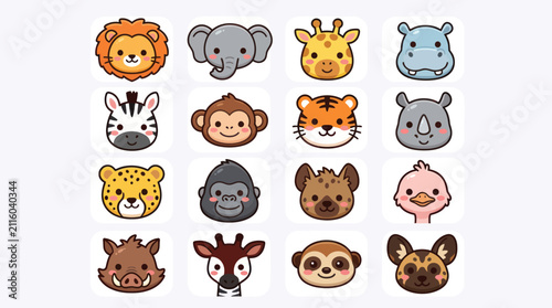 Sticker Cute safari animal faces collection