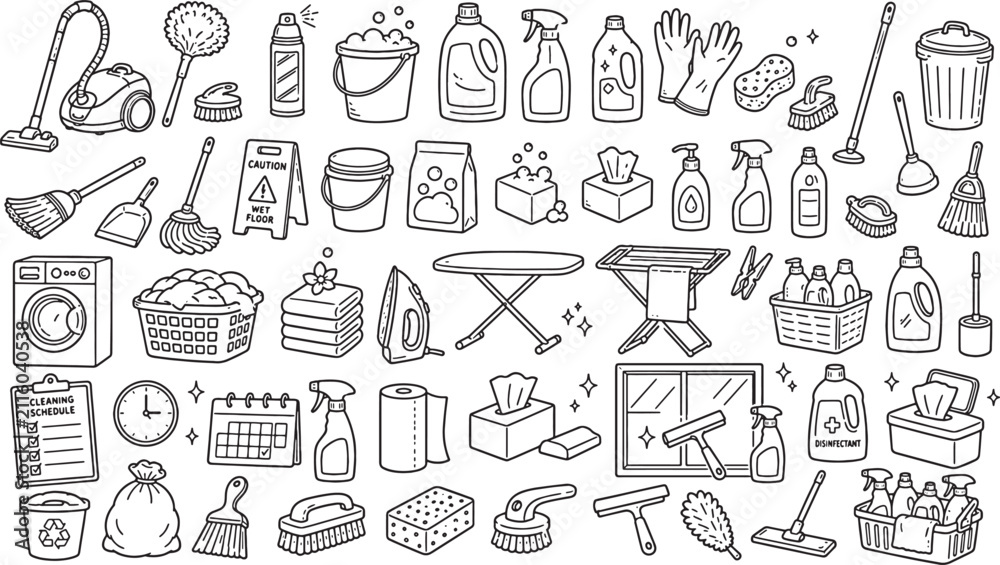 Naklejka premium Set of Hand Drawn Cleaning and Laundry Service Icons in Doodle Style