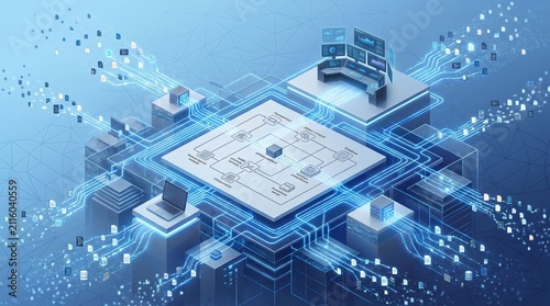 Futuristic Isometric Digital Infrastructure with Big Data Flow and Network Technology System Concept