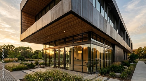 Natural light floods this contemporary office building lobby featuring polished marble floor tiles, a sculptural reception desk and abundant natural overhead light