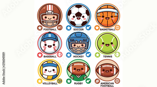 Cute sports balls and equipment icons