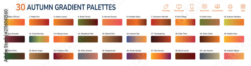 30 Autumn gradient palettes collection with warm seasonal colors, earthy tones, and sunset hues. Set of vibrant color swatches for branding, web design, UI UX, and graphic design vector illustration.