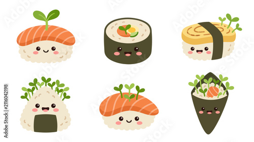 Cute sushi characters with sprouts