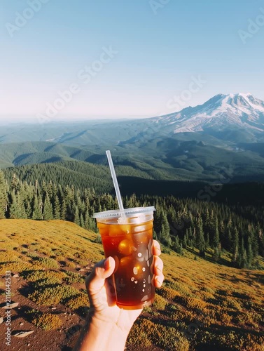 Hiker holding iced tea with mount adams in background