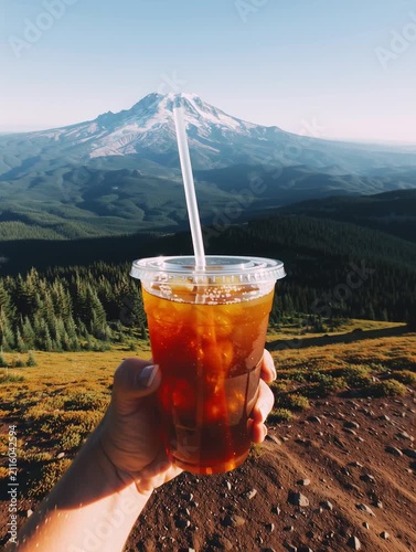 Hiker holding iced tea with mount adams in background