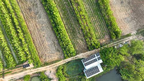 Fotografía Aerial view of sustainable agrovoltaic farm with rooftop solar panels, organic crop fields, banana plantations and water reservoir
