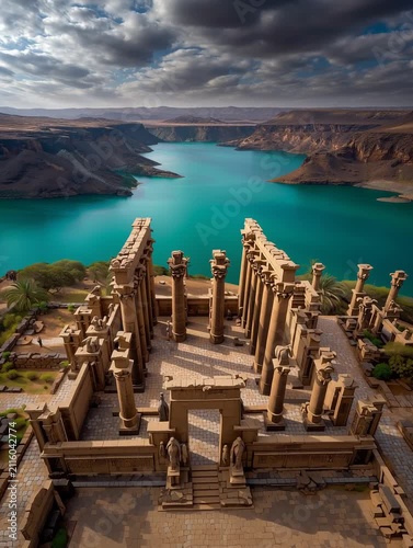 Breathtaking aerial view of the aaina temple ruins overlooking lake assad in syria