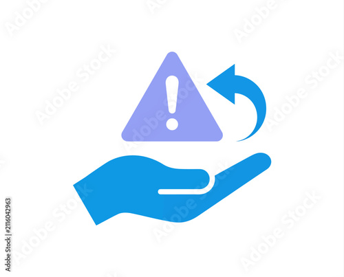 Hand holding warning sign with refresh arrow. Risk management and system recovery icon.