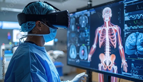 Surgeon using VR headset with digital medical monitoring screen.