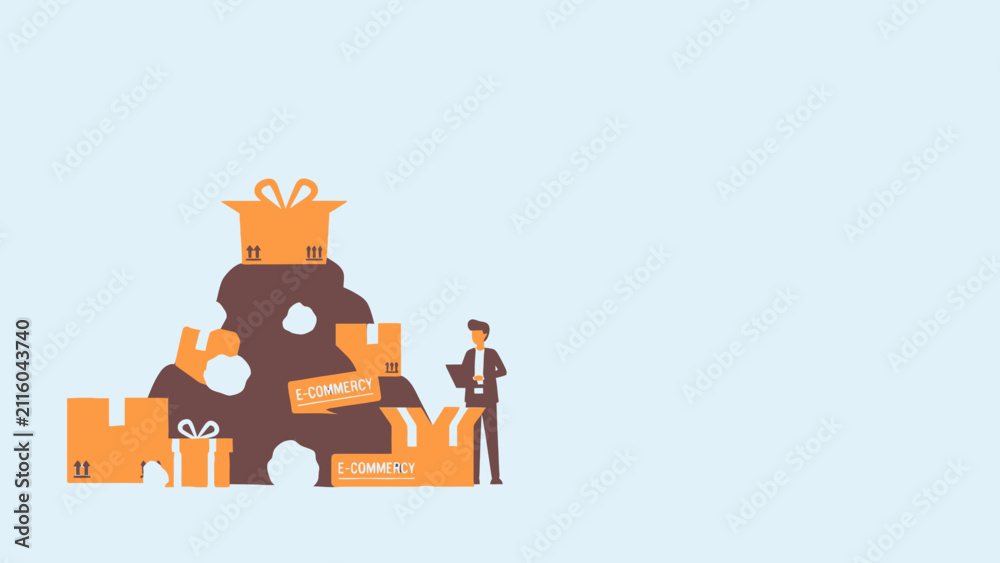 Fototapeta premium E-commerce waste and overconsumption: A businessman stands next to a large pile of packaging, highlighting environmental impact and sustainable retail challenges.
