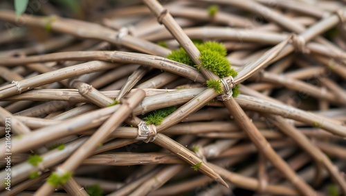 Intricate woven willow pattern with fresh green moss accents