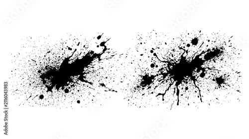 Foto Two separate large black ink splashes with detailed spray droplets and messy liq
