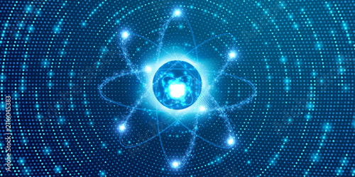 Fotografie Atomic structure model with glowing blue particles and spinning electron paths