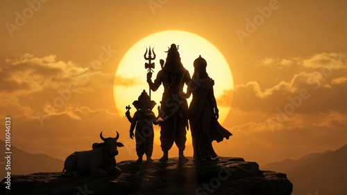 Premium Shiva Parvati Ganesha Spiritual Wallpaper with Golden Sun