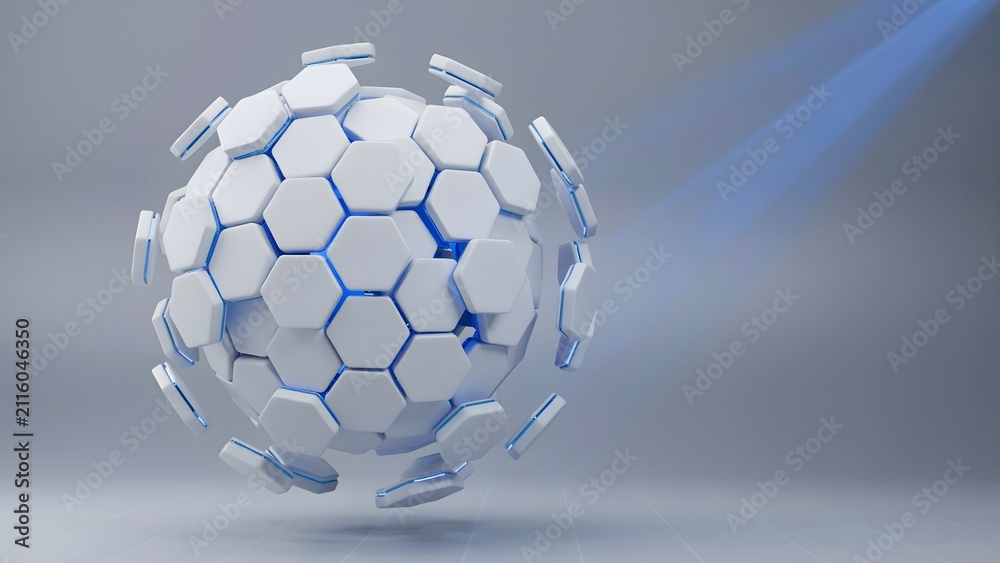 Fototapeta premium White hexagonal honeycomb platform with electric blue edge lights 3d – Suitable for cloud technology, network security, or modular framework