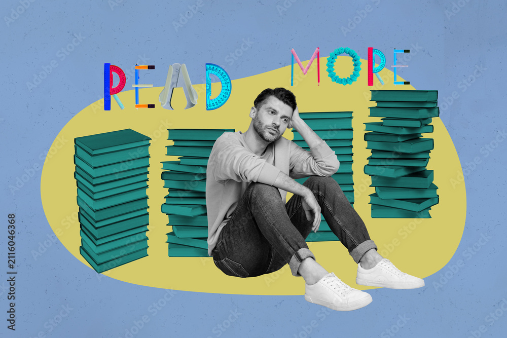 Fototapeta premium Pop art full zine photo collage of happy girl guy sit library academic book stack education learner pencil ruler read more letters