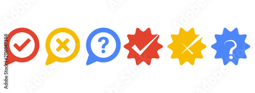 Check mark, cross, and question mark chat bubble and star badge icon set
