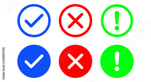 Check mark cross and exclamation point icon set, flat round true false and warning validation symbols