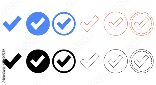 Check mark icon set, solid and outline tick symbols, verified badge validation ui design elements