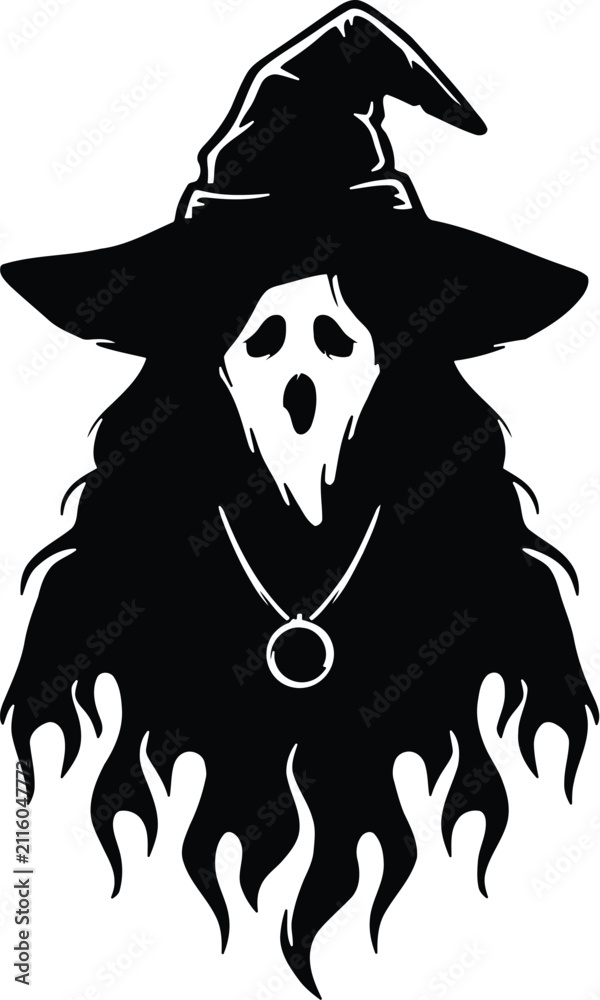 Fototapeta premium Spooky ghost witch vector, halloween phantom silhouette, dark sorceress icon