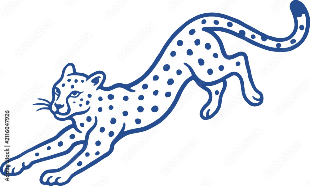 Fototapeta premium Leopard line art vector, blue cheetah illustration, wild cat jumping mascot