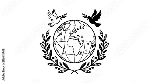 фотографія Global Peace Symbol: Earth with Doves and Olive Branches