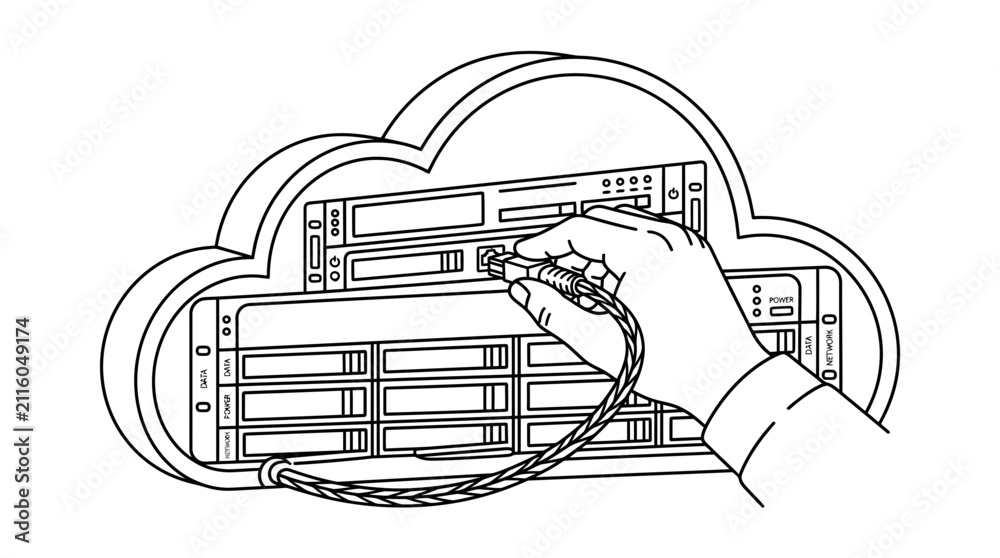 Obraz premium Hand connecting network cable to server inside cloud symbol