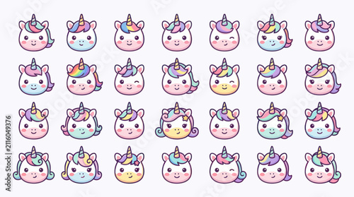 Cute unicorn faces variety illustration