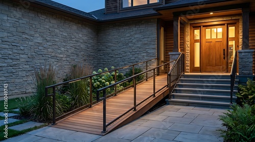 Elegant open-plan suburban estate facade showcasing natural stone veneer cladding, manicured front green lawn, featuring recessed LED ceiling lighting fixtures