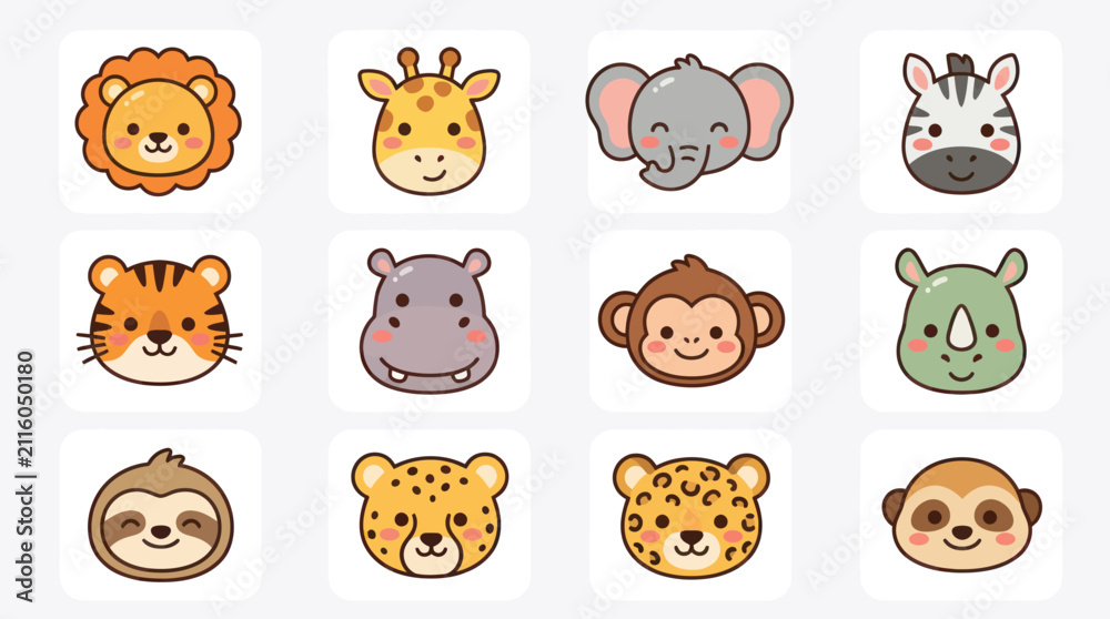 Fototapeta premium Cute wild animal faces collection