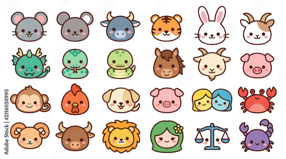 Fototapeta premium Cute zodiac animals and symbols collection
