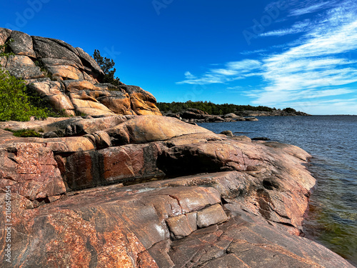Path of Love on Rocks in Finnish Resort Town Hanko (Hango) and Coastline of the Gulf of Finland of the Baltic Sea.