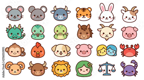 Cute zodiac animals and symbols collection