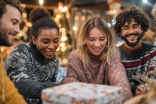 Friends celebrating together and opening a festive holiday gift box