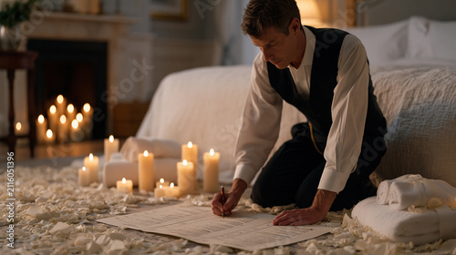 A luxury hotel butler arranging a candlelit suite for a late arrival guest, following a printed timeline card of preparation steps, scattered rose petals and folded towels