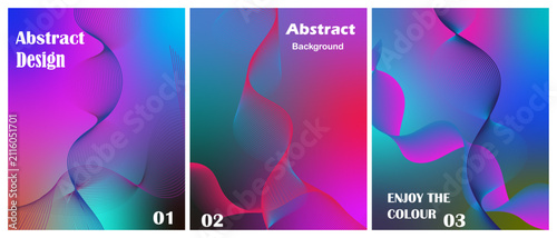 A set of three vertical abstract backgrounds featuring vibrant gradient color transitions with fluid shapes and modern artistic design elements