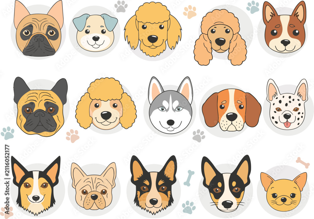 Fototapeta premium Collection of Diverse Dog Breed Faces Featuring Various Canine Portraits and Colorful Paw Prints Background