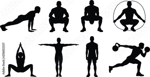 фотографія Black silhouette icons showing diverse fitness exercises including plank, squats