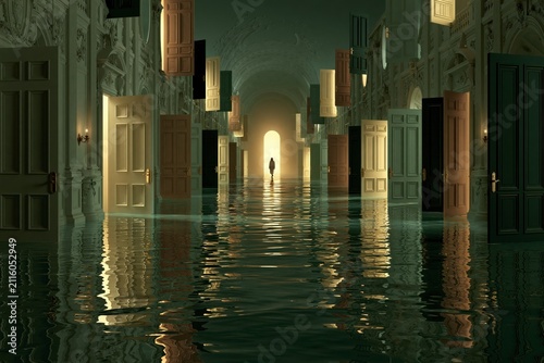 Flooded hallway with many doors, lone figure approaches light, surreal scene