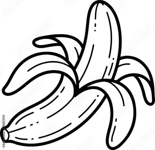 Peeled banana fruit, black doodle vector illustration