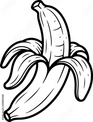 Peeled banana fruit, black doodle vector illustration