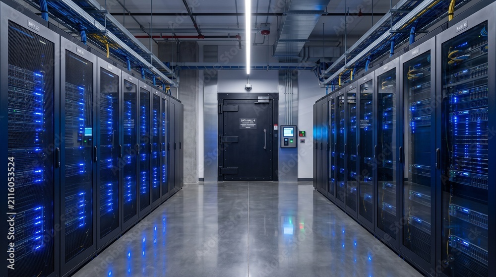 Fototapeta premium Secure Data Center Server Corridor with Biometric Access Security Doors