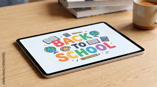 Modern Digital Tablet Displaying Cheerful Back to School Typography with Educational Apps