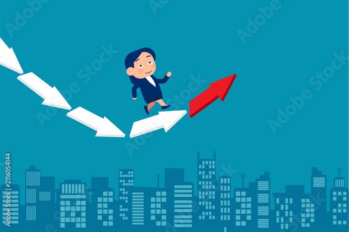 Economic Recovery. Change from down turn to rising. Businesswoman jumping from falling arrow to rising arrow.  Cute little busuiness vector