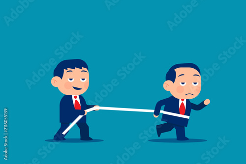 Man running away afraid of hand boss. Businessman uses a rope to pull his companion. Flat vector illustration
