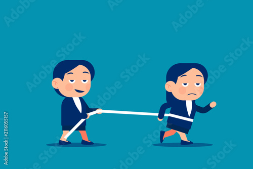 Woman running away afraid of hand boss. Businesswoman uses a rope to pull his companion. Flat vector illustration