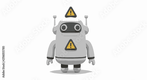 Cute robot character with warning signs on body
