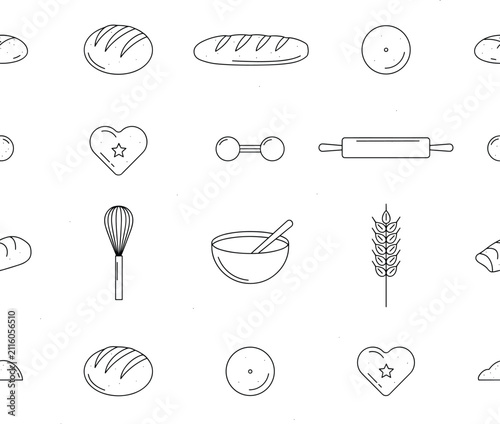 Seamless pattern of bakery bread, rolling pin, and whisk