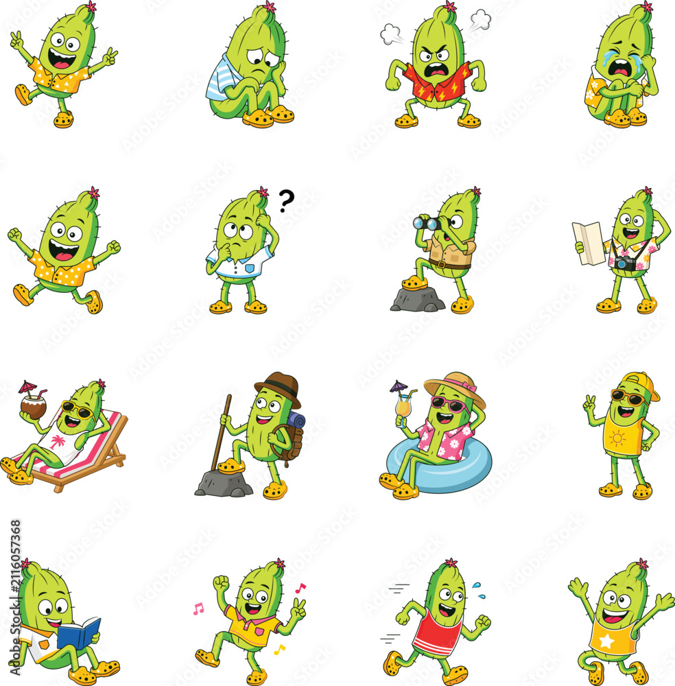 Obraz premium Expressive cactus mascots showing emotions, travel, reading, dancing, fitness, relaxation, celebration, summer activities. 